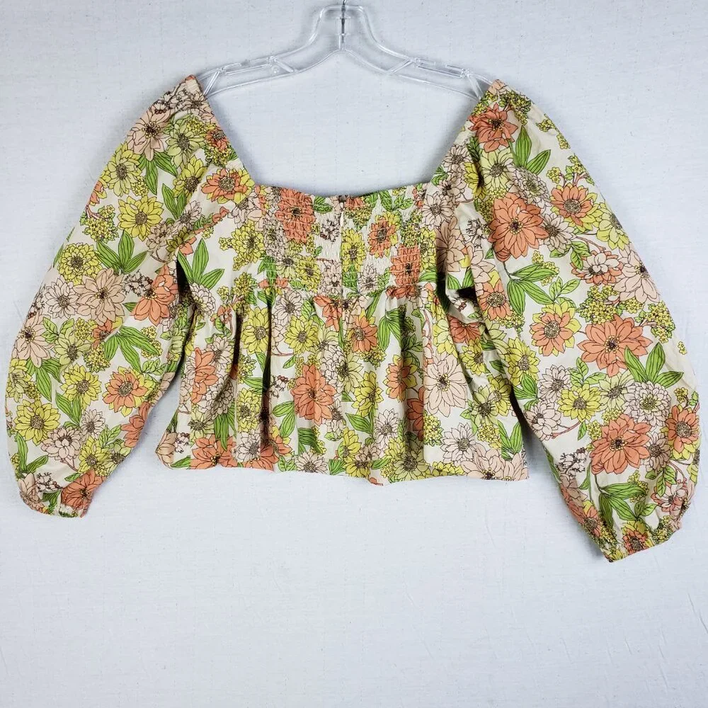 J.Crew Squareneck Tie Front Top Zinnia Floral Smocked Peplum size 14 Puff Sleeve
